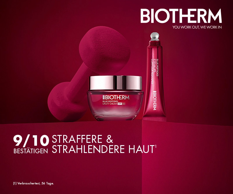 Biotherm Blue Peptides Lifting-Creme und Augenpflege vor rotem Hintergrund für straffere, strahlendere Haut.